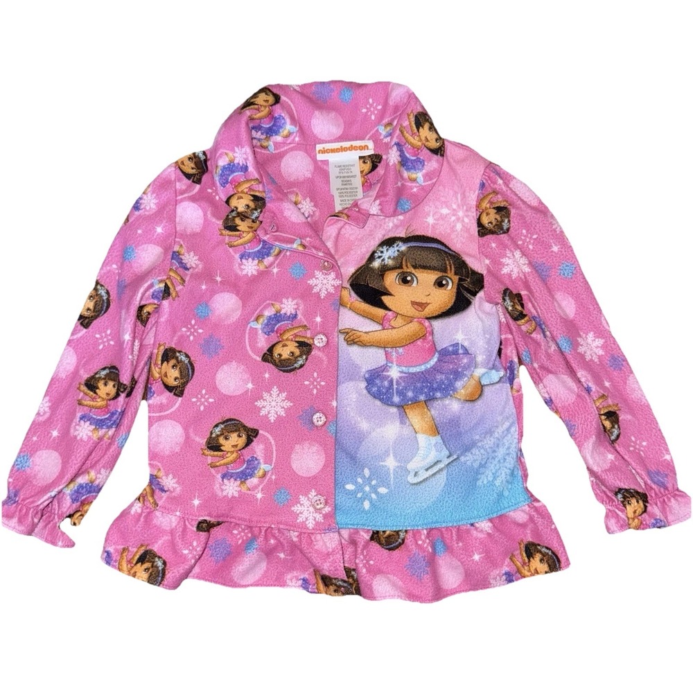 Dora the Explorer Fleece Pajama Top Pink Ice Skating Print Nickelodeon 4T